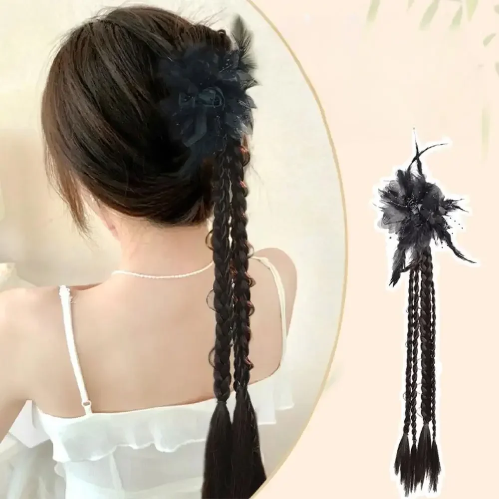 Synthetic wig Chinese Style Rose Feather Grip Clip Wig Female Simulation Twisted Boxing Braid Ponytail