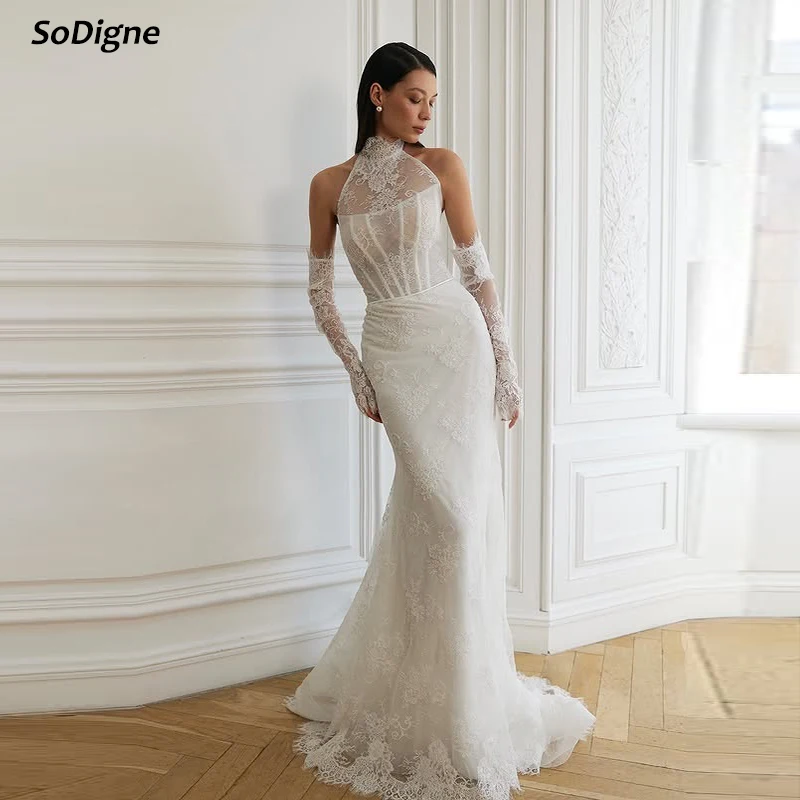 

SoDigne Mermaid Lace Bride Dresses Sleeveless Detachable Sleeves Wedding Dress Long Bridal Gowns Robe De Mairee Customized