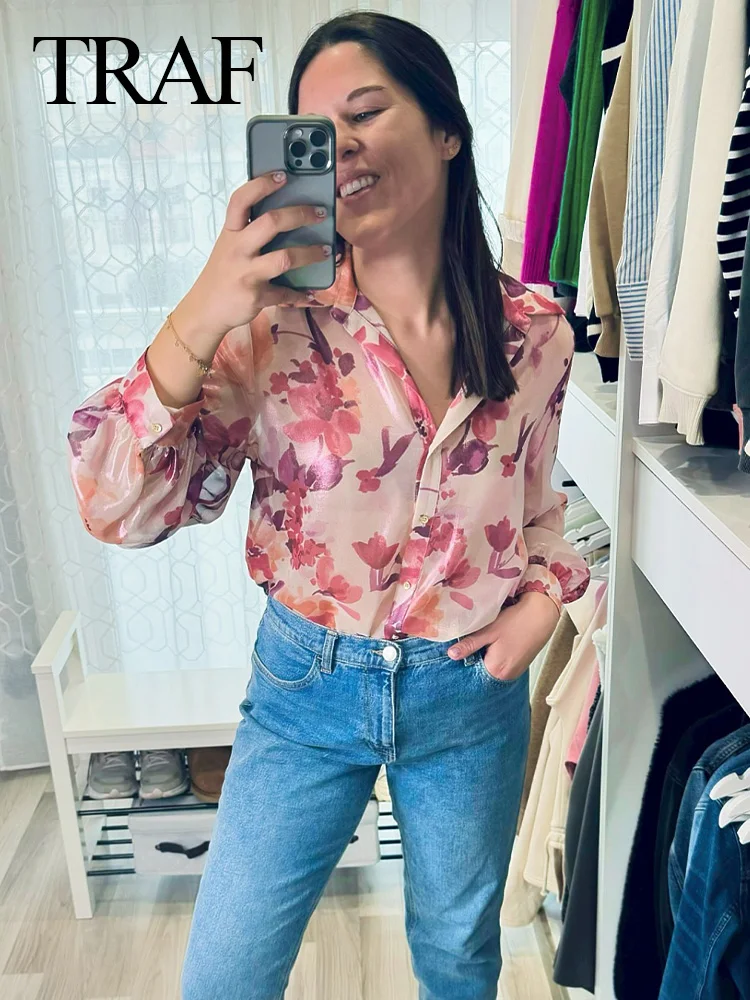 TRAF 2024 Lente Vrouwen Roze Print Korte Mouw Casual Blouses Vrouwen Button up Shirt + A-lijn Plooirok Set voor Strand Stijl