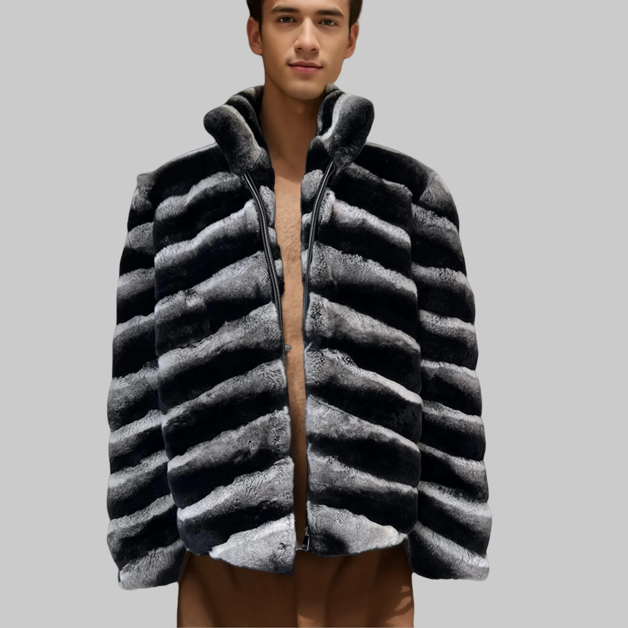 

Men's Rex Rabbit Fur Coats With High Collar Chinchilla Color Fur Coats Chinchilla Striped Fur Coat High Quality Real Fur Coat
