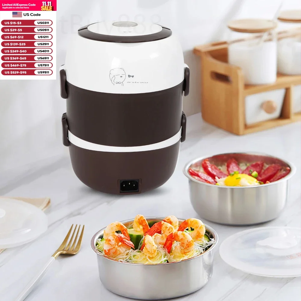 

2L 3 Layers Electric Lunch Box 200W Food Warmer Stainless Steel Portable Steamer Pot Rice Cooker Of Auto Shut Off Protector