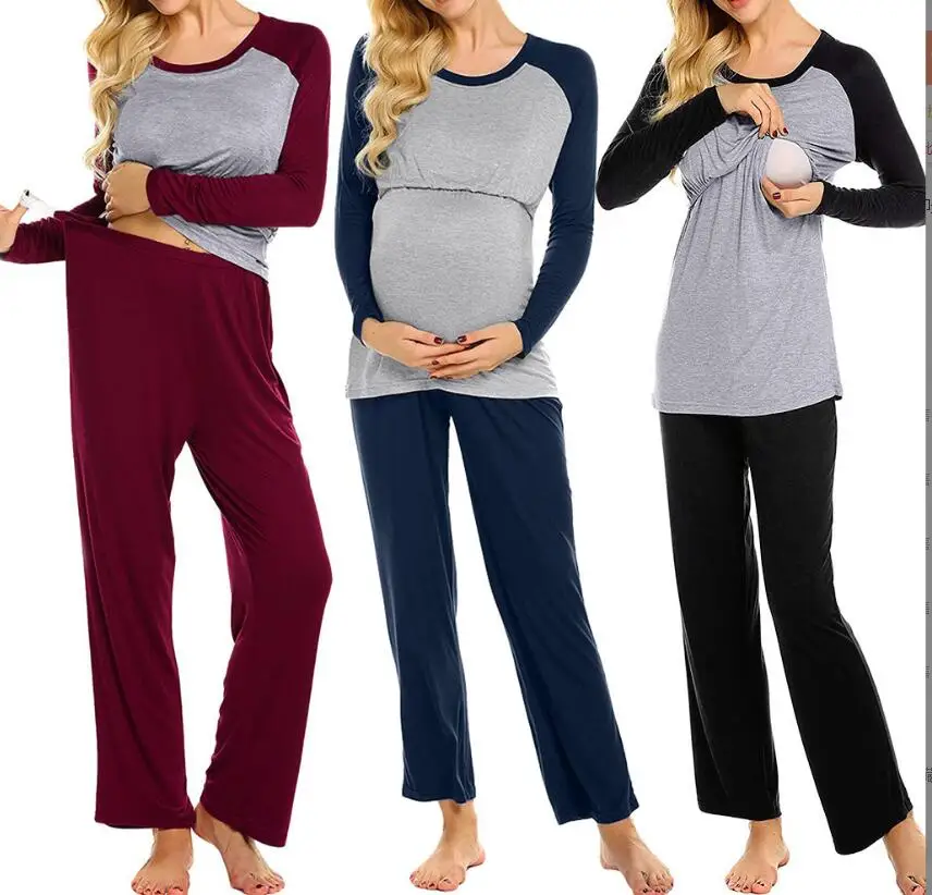 

New Fashion Maternity Pregnant Women Pajamas Set Long Sleeve Pregnant women's pajamas Tops+Adjustable Pants Pajamas Sleepwear