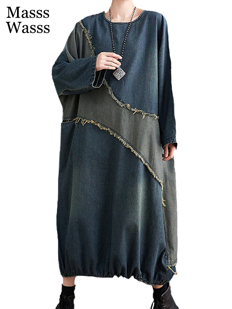 

Masss Wasss New 2022 Spring Womens Vintage O-Neck Design Denim Dresses European Style Loose Casual Patchwork Vestidos Long Dress