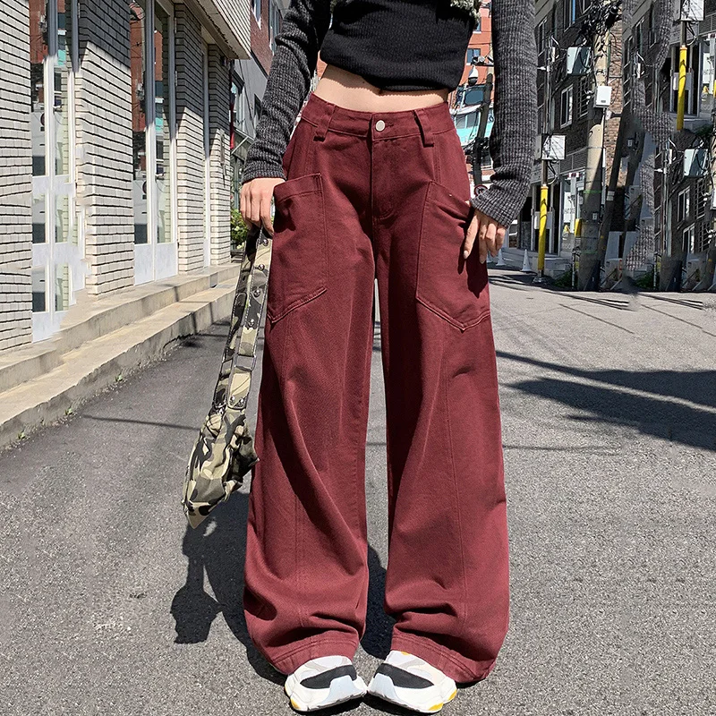 Women Jeans Solid Color Big Pocket Wide Leg Straight Jeans Loose Oversized Casual Pants Street wear Denim Trousers For Ladies