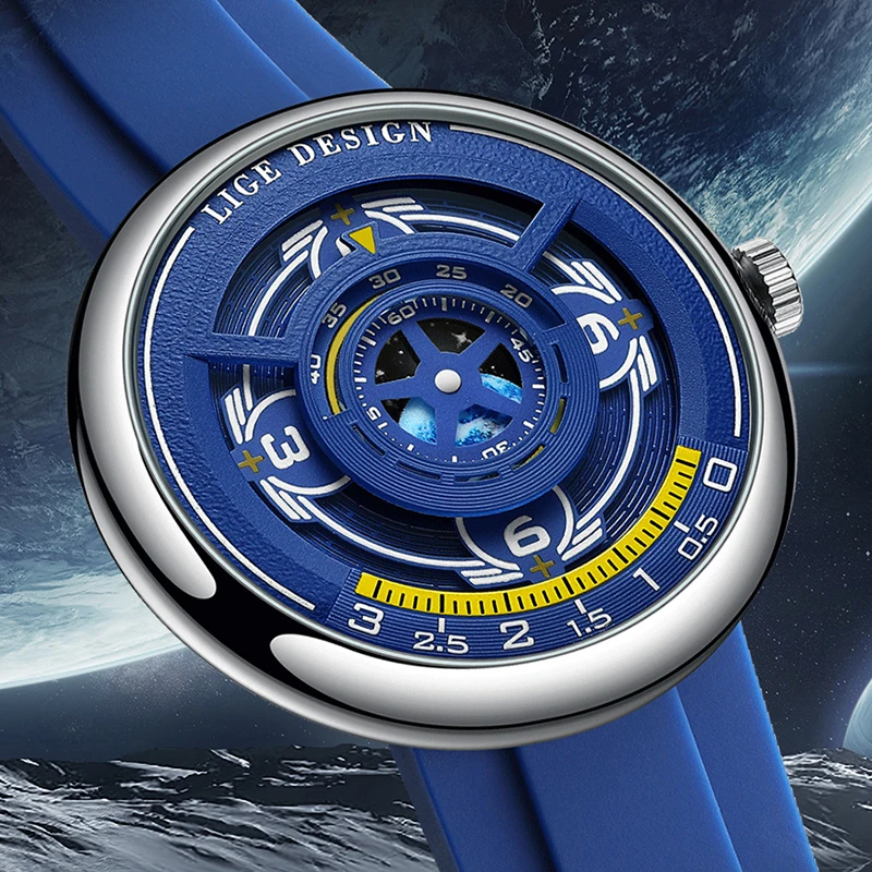 

Мужские часы LIGE Unique Earth Dashboard Dial Design, синие, с силиконовым ремешком, спортивные, светящиеся, водонепроницаемые, кварцевые, хронограф.