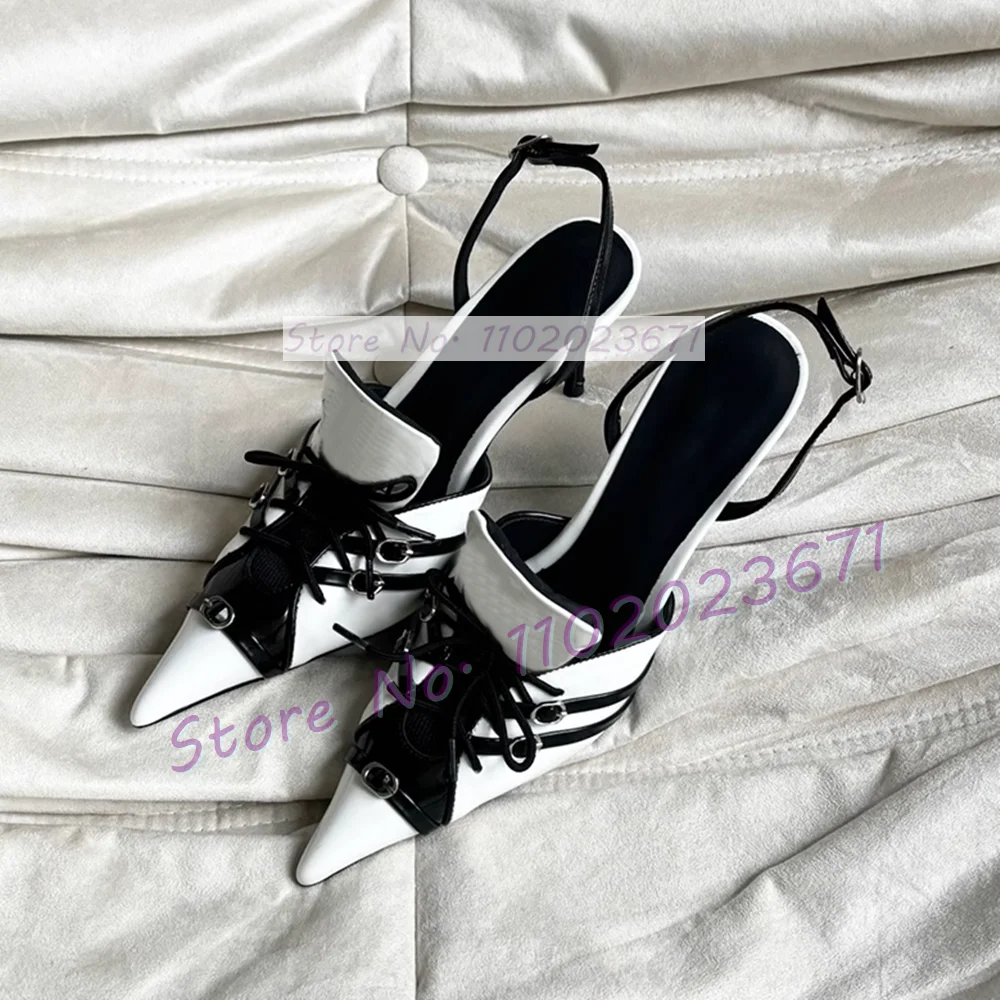 Sexy Belt Buckle Strap Pointy Sandals Women Red Patent Leather Punk Mixed Colors Sandals Female Summer Party Back Strap Shoes