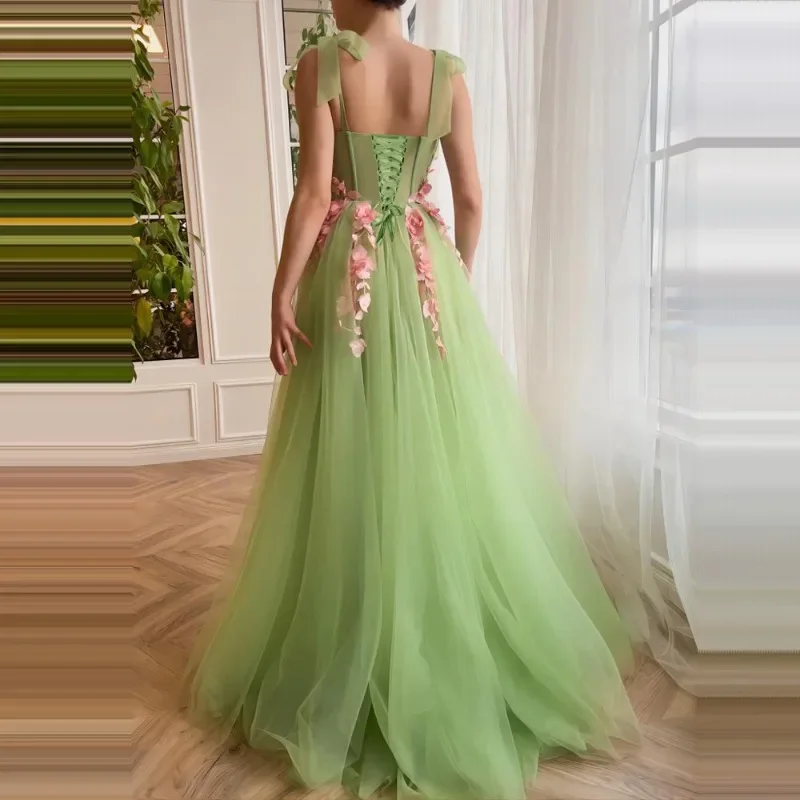 New Women's Luxury Camisole Strapless A-line Skirt, High-quality French Slit Green Three-dimensional Flower Dress 2026