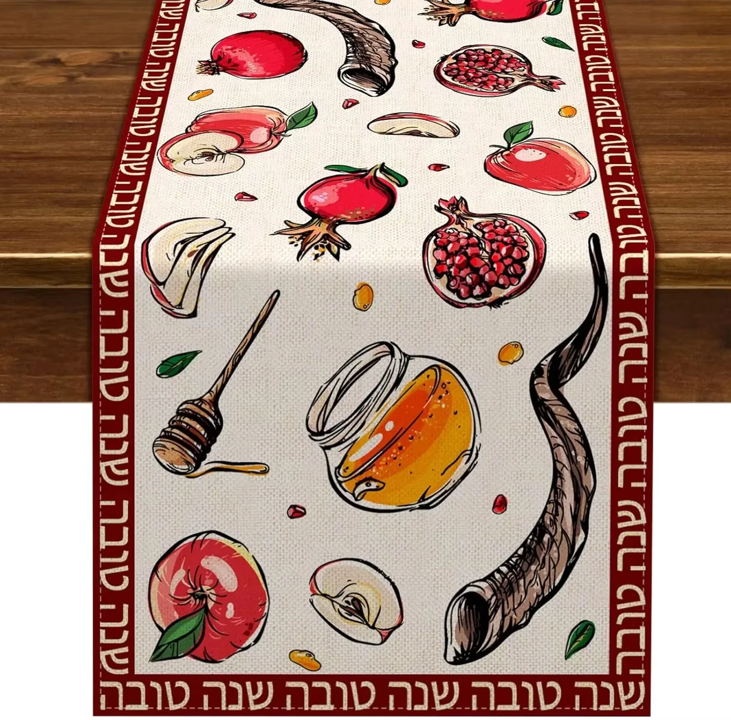 Happy Rosh Hashanah Pomegranate Line Table Runner Jewish Holiday Decor Reusable Kitchen Dining Table Runner Shana Tova Decor
