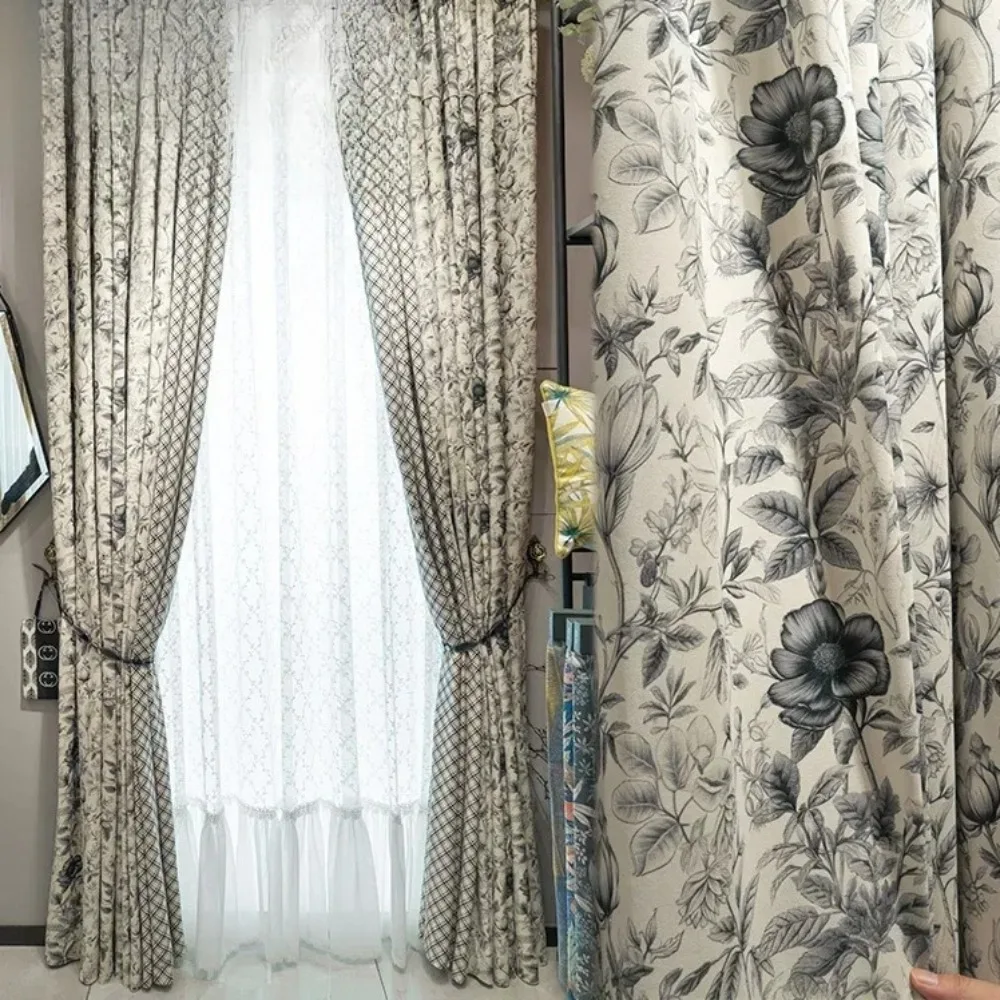 Modern American Pastoral Print Velvet Window Dining Custom Size Thermal Insulation Blackout Curtains For Living Room Bedroom