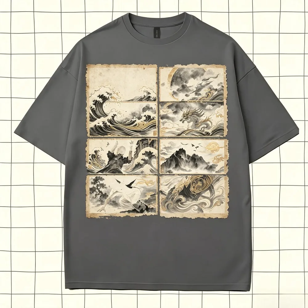 Chinese Ink Dragon Wave Grid Print Men Cotton T-Shirt Vintage Oriental Graphic Casual Streetwear Tee