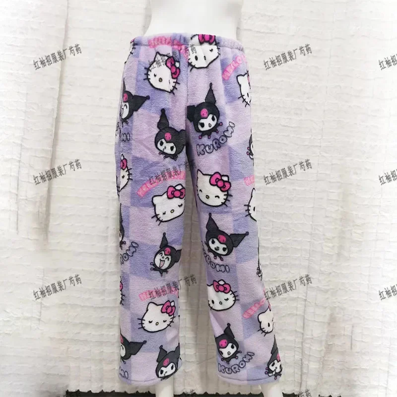 Sanrio Cute Flannel Pants for Women New Hello Kitty Kuromi Cinnamoroll Plush Trousers Girls Winter Warm Home Britches Adult Gift