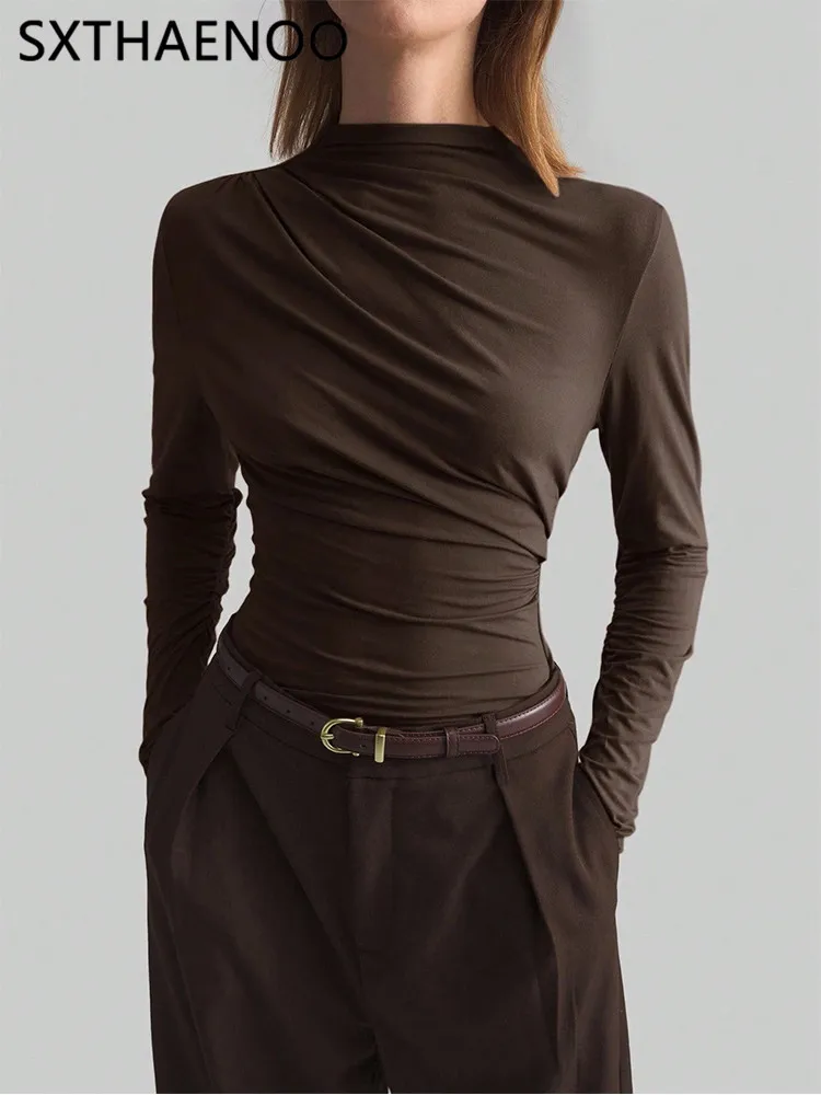 

SXTHAENOO Casual Pleated Mock Neck Long Sleeve T-shirt Women Autumn Winter Spring Solid Ruched Skinny Slim Fit Blouse Top Tshirt