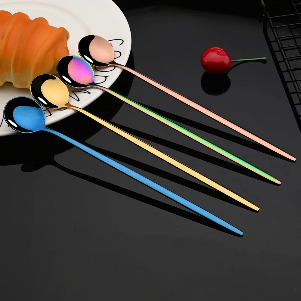 6Pcs Coffee Stirring Spoon Flatware Cutlery Set Juice Black Gold Tea Spoons Dinnerware Ice Cream Long Handle Scoop Kitchen Tools
