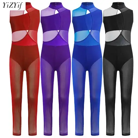 Kids Ballet Skate Dance Unitard Girls Rhythmic Gymnastics Jersey Full Body Leotard Sleeveless Bodysuit Children Jumpsuit Wear