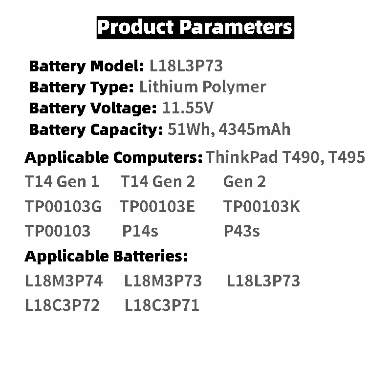 بطارية كمبيوتر محمول عالية الجودة L18M3P73 11.55V 51Wh 4345mAh لينوفو ثينك باد P43S T490 T495 L18L3P73 L18C3P72 L18M3P74