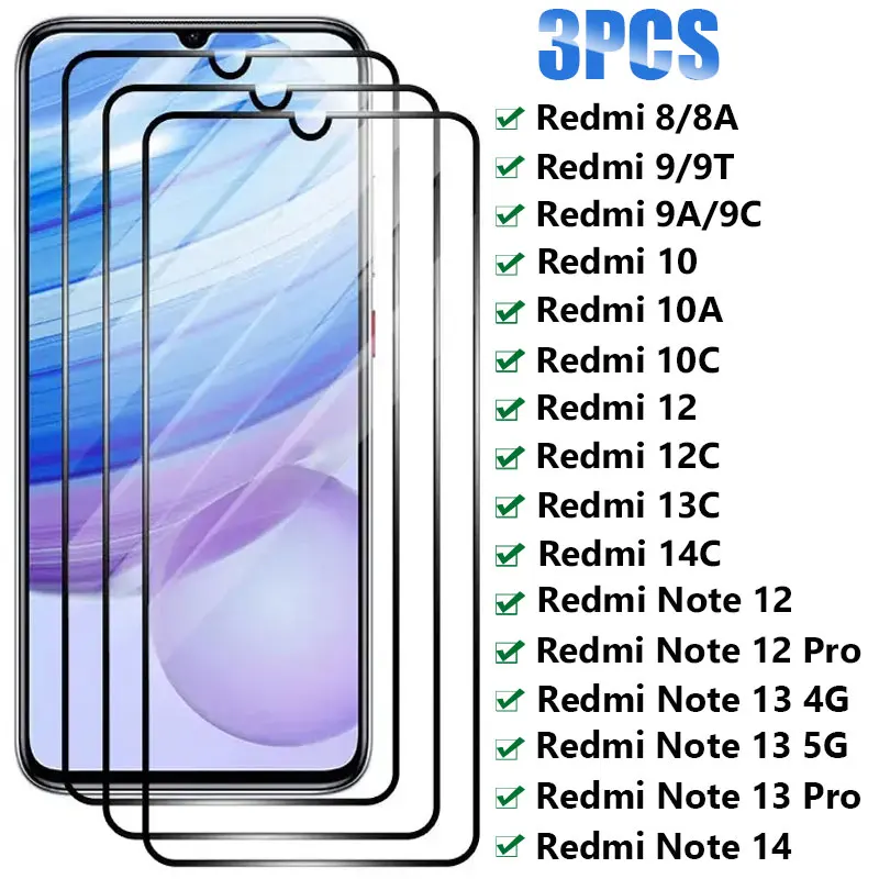 3PCS Full Tempered Glass for Xiaomi Redmi 8 9 8A 10A 10C 9T 9A 9C 13C 14C Screen Protector For Redmi Note 12 13 Pro 14 Glass