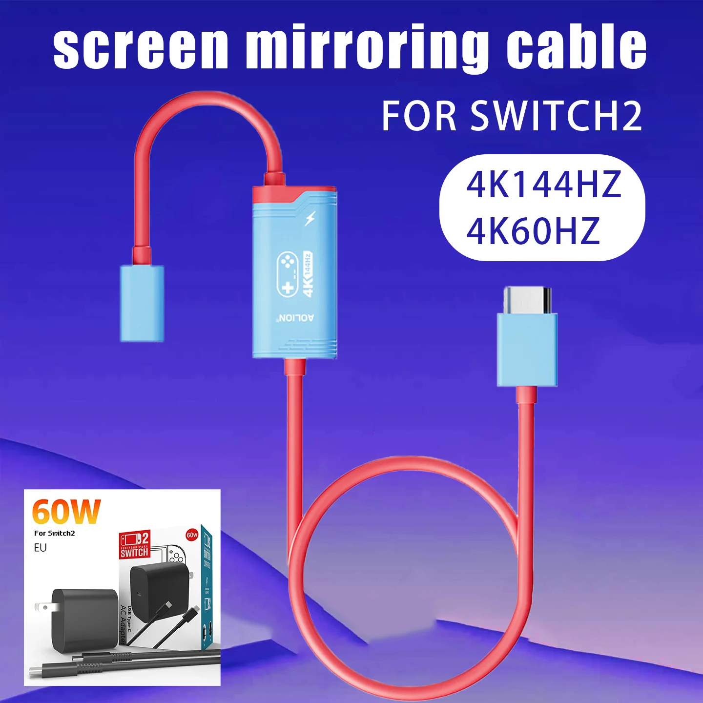 Cabo de Espelhamento de Tela AOLION 4K60/144Hz com Interface HDMI de Alta Definição para Acessórios Nintendo Switch 2