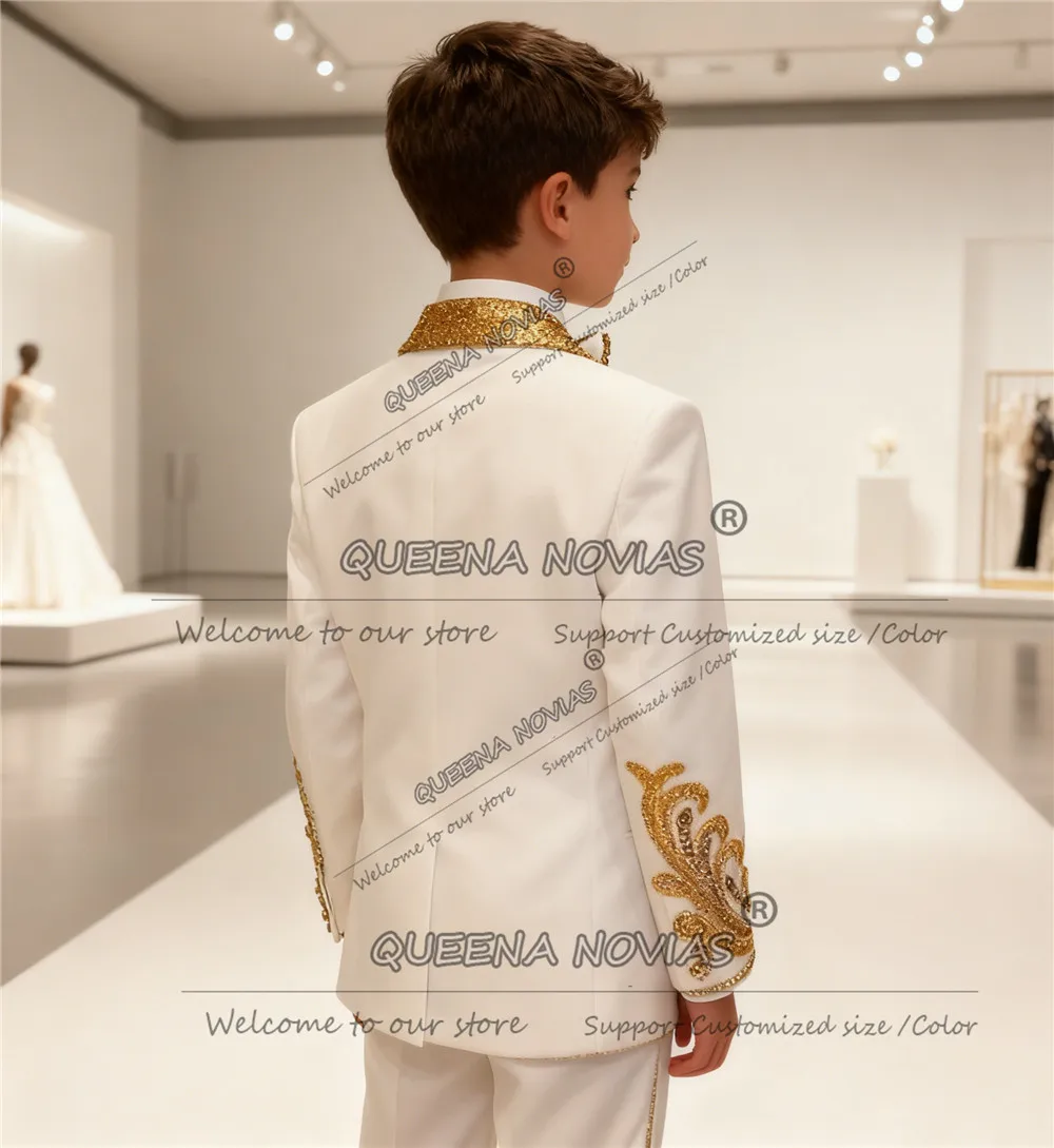 Traje de lujo con cuentas de cristales para niños, conjunto de 3 piezas, esmoquin de boda para niños, solapa de lentejuelas brillantes personalizada, trajes de baile para niños