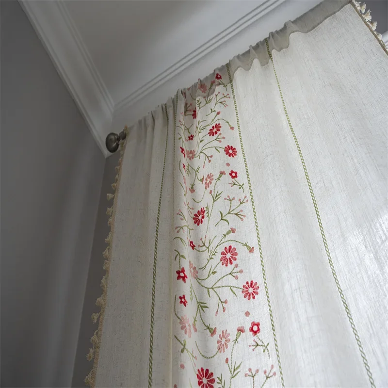 

Nordic Small Floral Embroidery Flowers Curtain White Tassels Blackout Drapes Bay Window Curtains for The Living Room