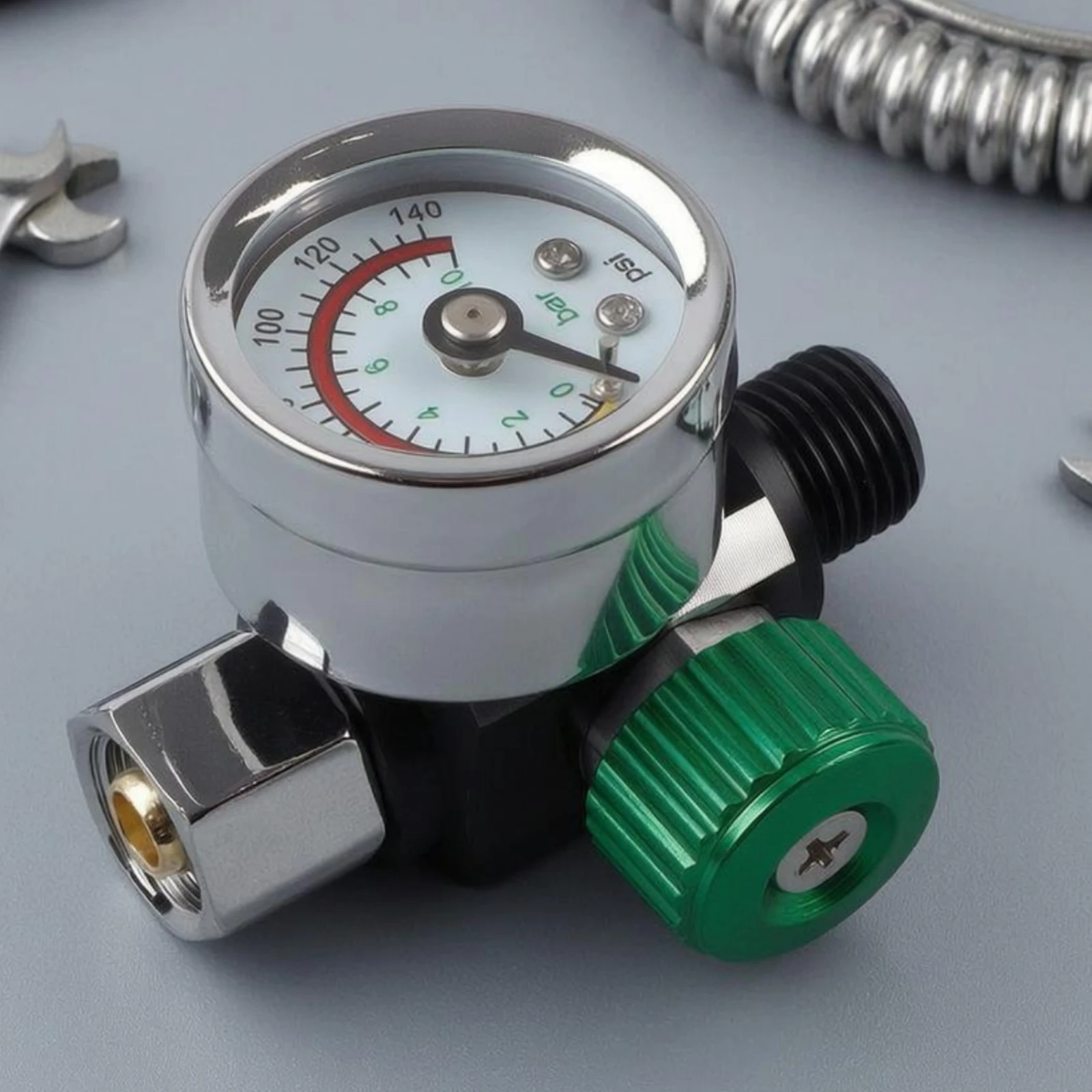 

Spray Pressure Gauge Colored Arc Markings Spray Regulator Pressure Regulator Gauge Ribbed Knob Hardware Item Angled Body