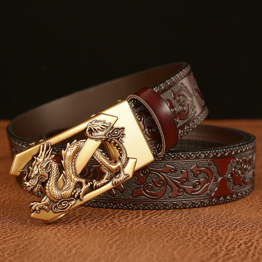 BOKADIAO Men Genuine Leather Belt Luxury Gold Dragon Metal Automatic Buckle Cowhide Belts for Men Jeans Waistband Male Strap