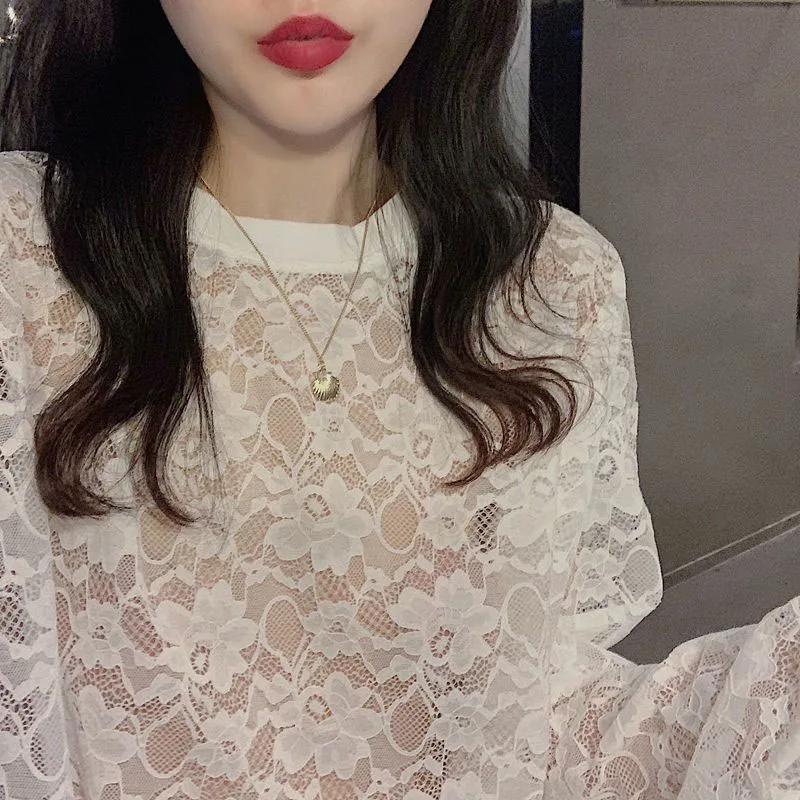 Xpqbb Korean Fashion Loose Lace Blouse Women All-match Sun Protection Hollow Out Shirts Female Summer Streetwear Smock Pullover