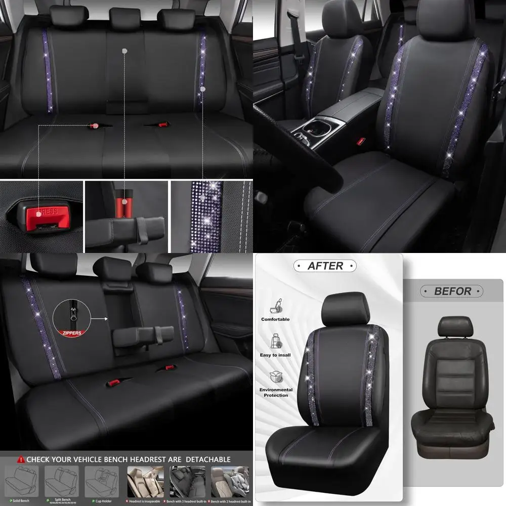 

Universal Fit Crystal Rhinestone Car Seat Covers Waterproof Faux Leather Purple Glitter Sparkle for Women