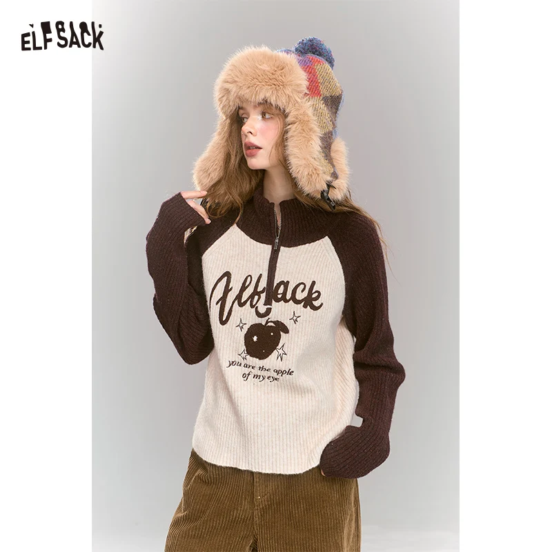 

ELFSACK Y2K Color Block Raglan Stand Collar Half Zip Knit Sweater For Women
