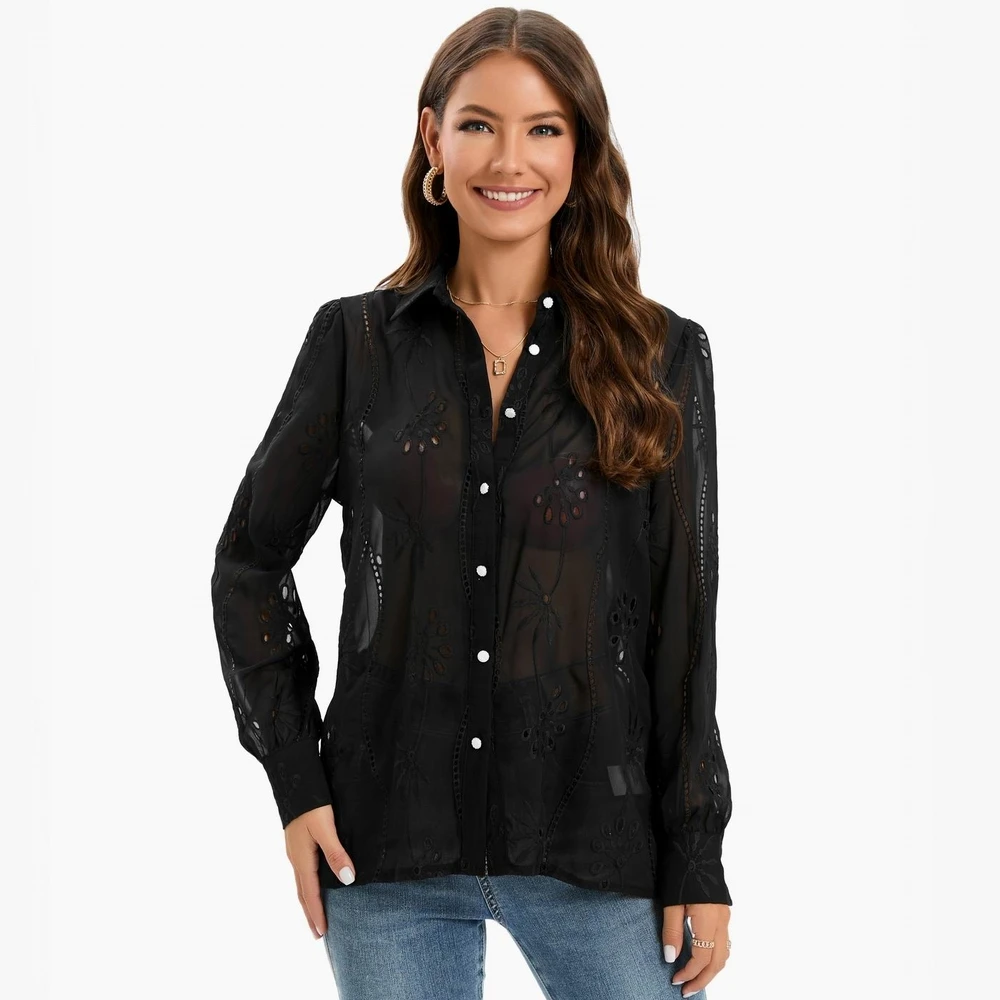 Black Chiffon Shirt Women 2023 New Fashion Transparent Top Wears Preppy Lady Embroidered Lace Blouse