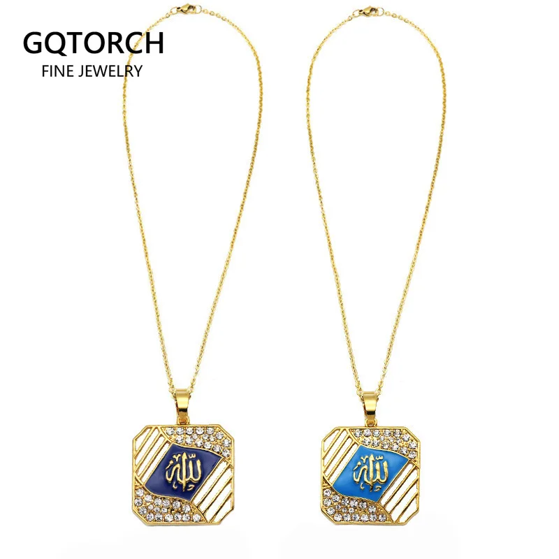 Women Allah Gold Color Pendant Necklace 20inch Link Chain Middle East Charm Islam Square Charms Hollow Design Pendants