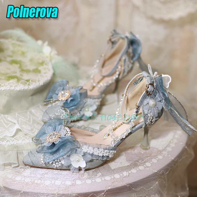 Lolita Pearl Chain Ankle Buckle High Heels Women Wedding Dress Shoes Sweet Lace Trim Flower Decor Pointed Toe Stiletto Pumps