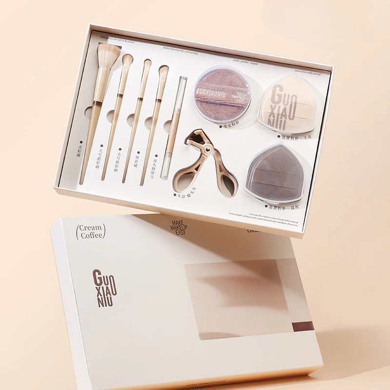 

GUOXIAONIU 9PCS Small Coffee Box Makeup Tool Set Dry Wet Powder Puff Eye Shadow Contour Brush Eyelash Curler Cosmetic Tool Set