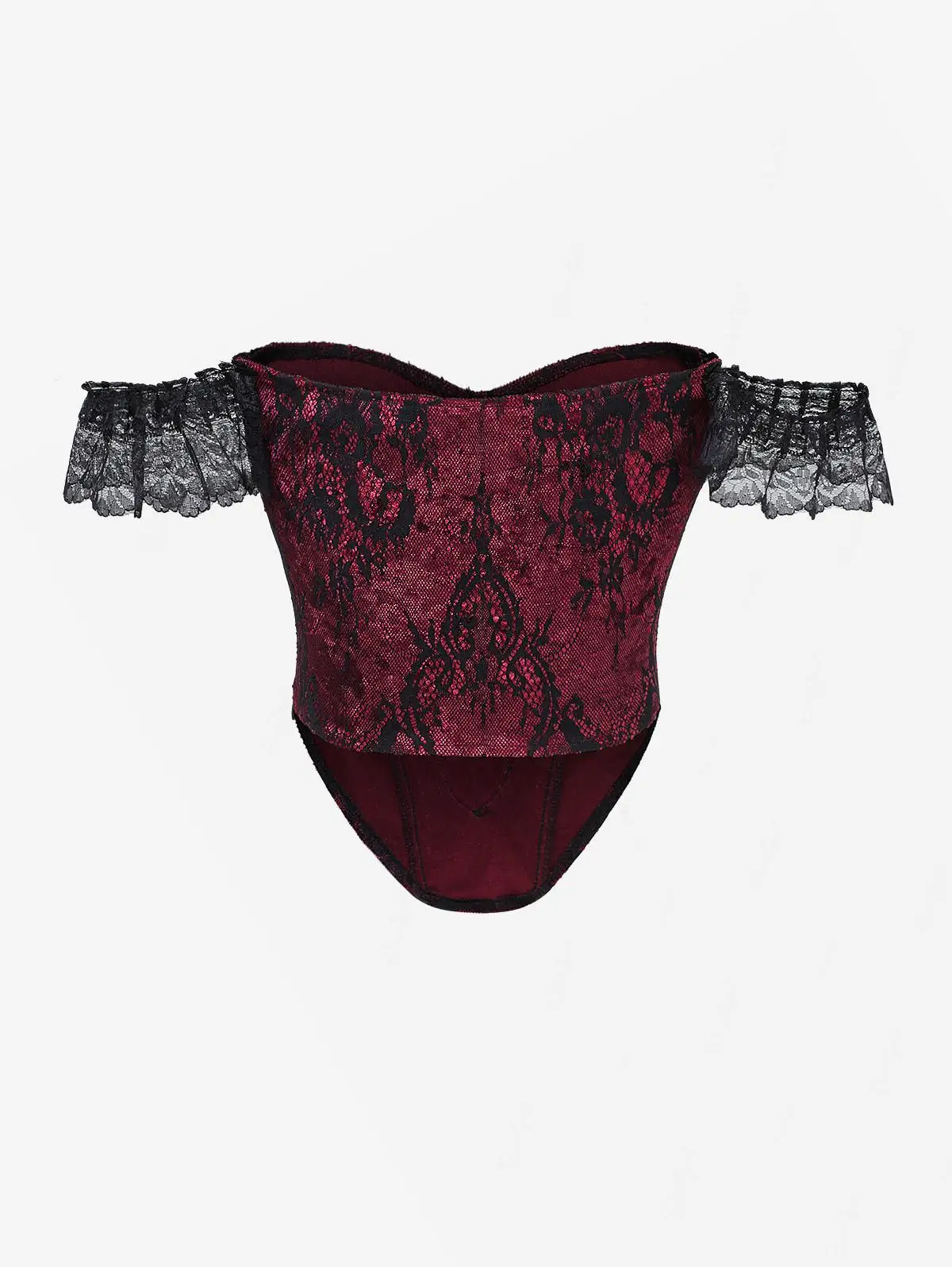 Gothic Strapless Corset Floral Lace Overlay Applique Off The Shoulder Glitter Sparkling Buckle Hem Corset