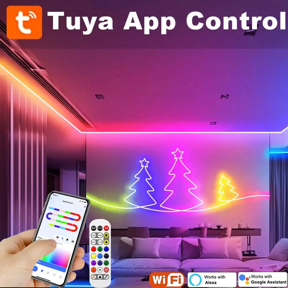 TUYA Neon LED Strip Lights 5V Neon Rope Light 72LEDs/M Silicone with Music Sync RGBIC Dreamcolor Chasing Strip Tape for Room