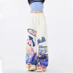 Hip Hop Street Trendy Fashion Graffiti Print High Waist Casual Cartoon Pants Women Drawstring Pocket Straight Wide Leg Trousers