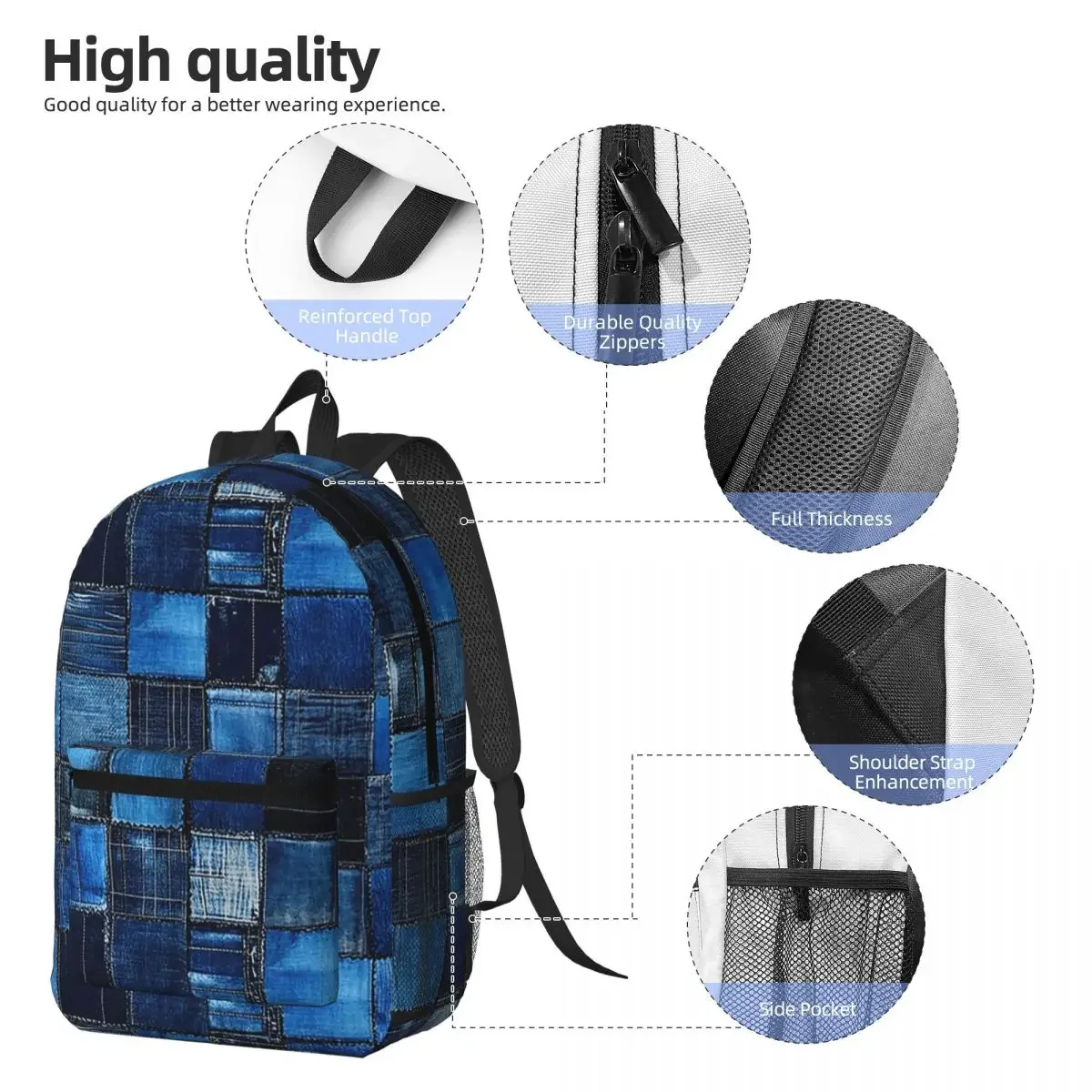 Blue Faux Denim Patchwork Quilt Backpack Daypack Large Capacity Children BookBag School Bag Shoulder Bags for Men Women