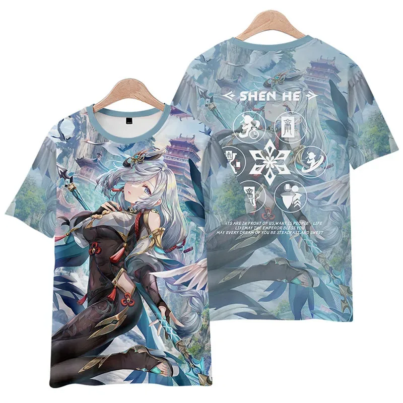 T-shirt motif 3D Genshin Game Anime Fashion Atasan lengan pendek wanita pria T-shirt motif Harajuku anak laki-laki perempuan musim panas Y2k