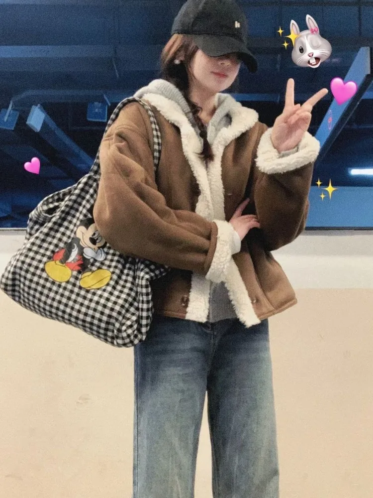 

Korean Sle Brown Lamb Fur Jaet Women's Winter Thiened Loose Cotton Clothes Faionable ort Outerwear Coat