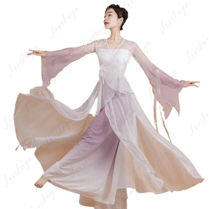 

Классические танцевальные костюмы, элегантная сказочная газовая марлевая одежда, китайская одежда Hanfu для практики, комплект одежды для выступлений