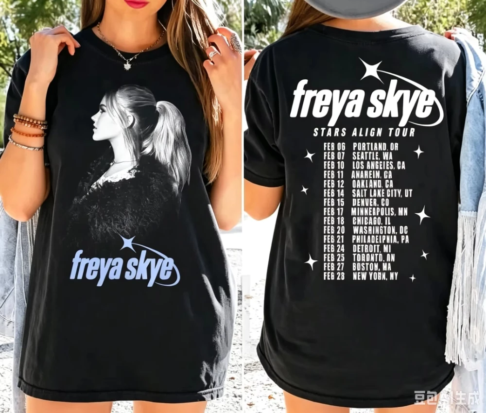 Unisex Freya Skye Stars Align 2026 World Tour T Shirt Pop Singer Portrait Front Back Print Cotton Music Fan Streetwear Tee
