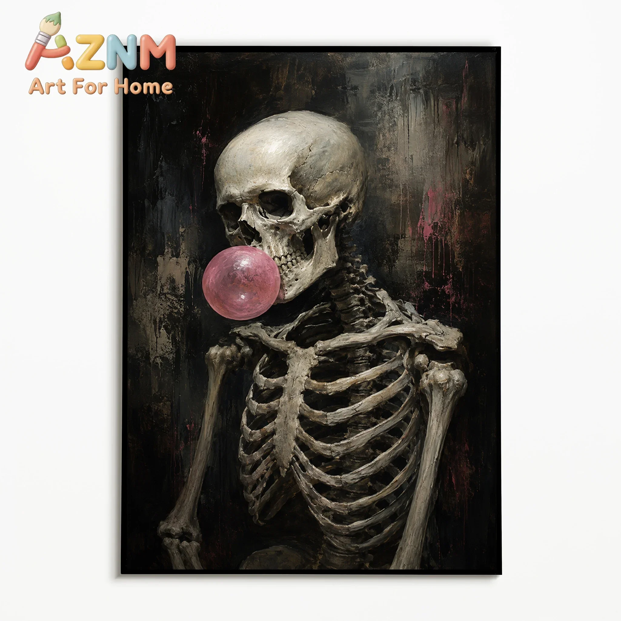 1PC Fun Skeleton Blowing Pink Bubble Gum Poster Autumn Halloween Wall Art  Retro Canvas Printing Festival Gift Fall Wall Decor
