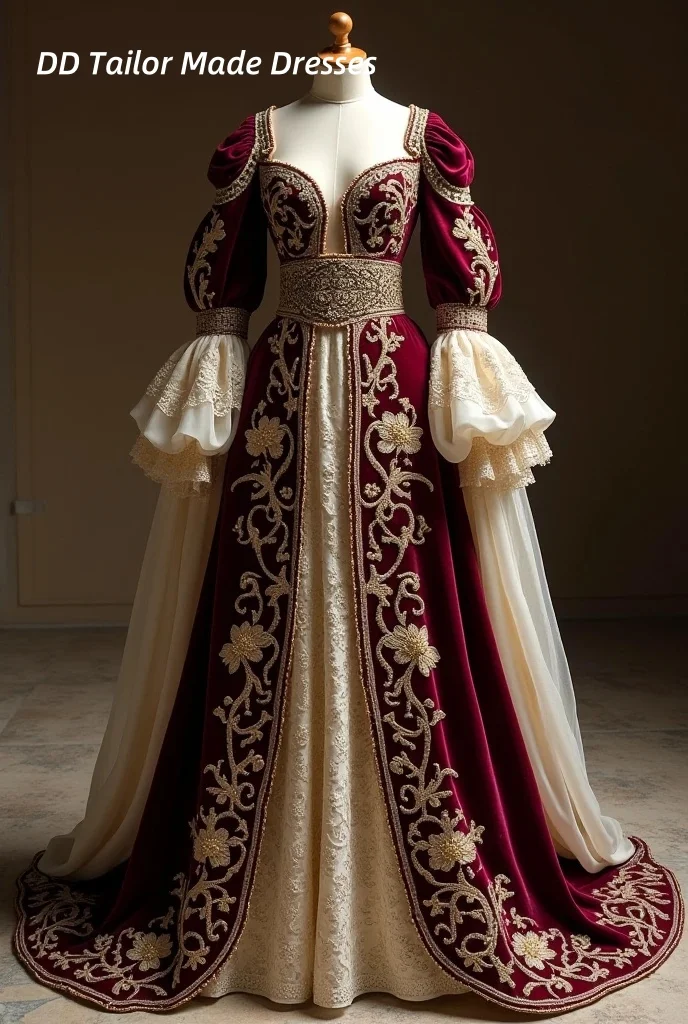 فستان حفلة موسيقية ملكي مهيب مستوحى من القفطان الجزائري باللون العنابي، فستان سهرة مطرز بالدانتيل، فستان زفاف مخصص بأكمام طويلة