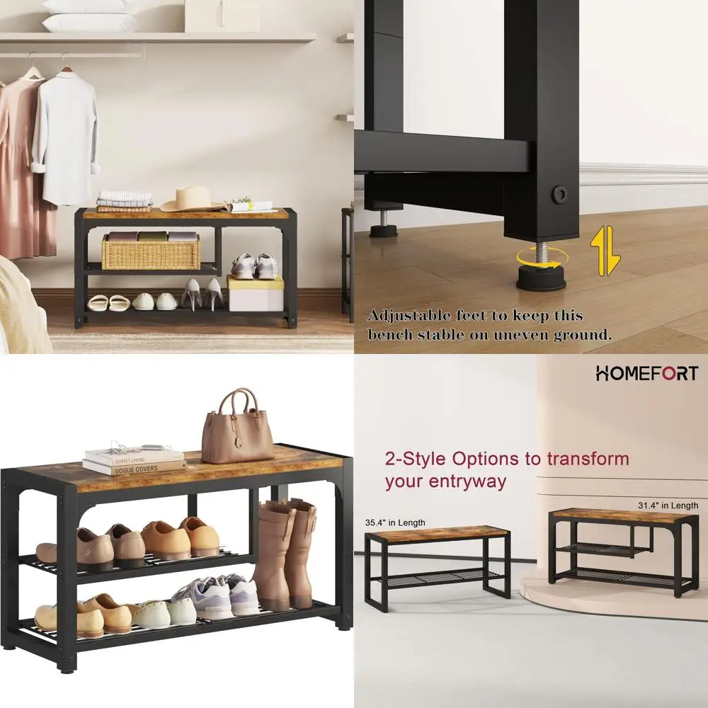 

3-Tier Shoe Rack Bench, 31.5 Entryway Storage with Mesh Shelves, Rustic Brown