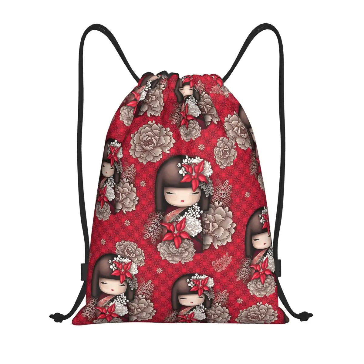 Red Sakura Kokeshi Doll Japanese Drawstring Backpack Women Men Sport Gym Sackpack Foldable Training Bag Sack