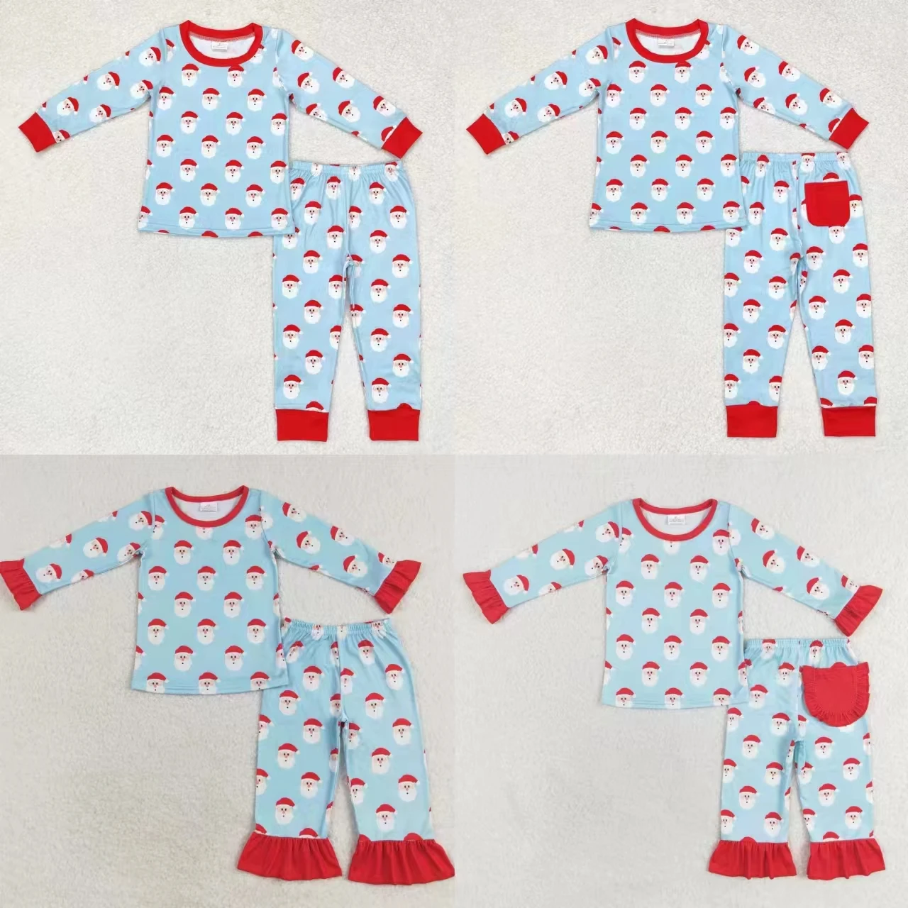 Wholesale Children Christmas Santa Set Long Sleeves Blue Shirt Pocket Pants Baby Boy Girl Sleepwear Pajamas Kids Toddler Outfit