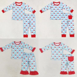 Wholesale Children Christmas Santa Set Long Sleeves Blue Shirt Pocket Pants Baby Boy Girl Sleepwear Pajamas Kids Toddler Outfit