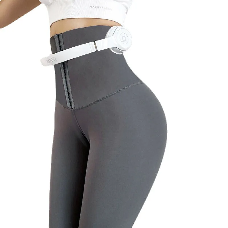 Double-breasted high-waisted, hip-lifting and belt-tightening elastic tight pants for women with fleece