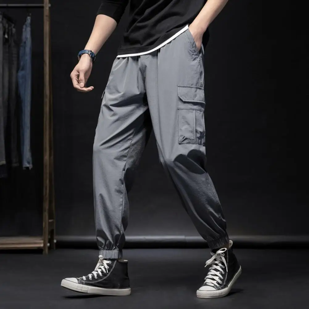 

Men Streetwear Trousers Men's Loose Fit Cargo Pants with Ankle-banded Drawstring Waist Solid Color Plus Size Pockets for Fitness