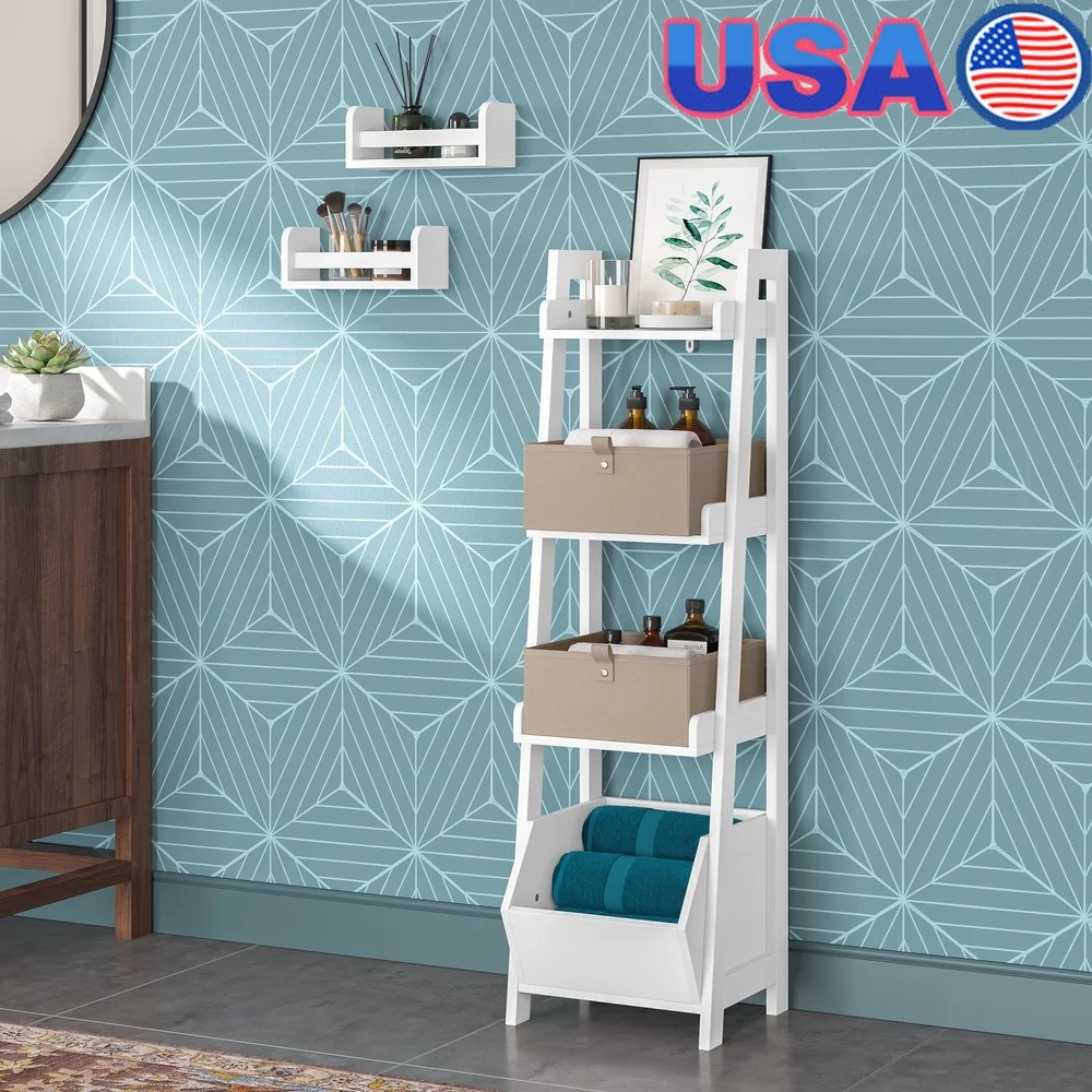 

4-Tier 13in Ladder Shelf with Open Storage Organizer Bin Bathroom Kids Room Office Compact Space Saver