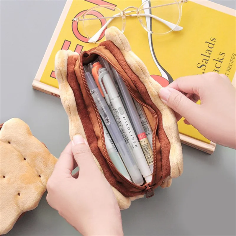 Kawaii Plush Cookies Lápis Case, Bonito Dos Desenhos Animados Caneta Sacos, Caixa Marrom, Alta Capacidade, Material Escolar, Estacionária para Meninas, Escritório